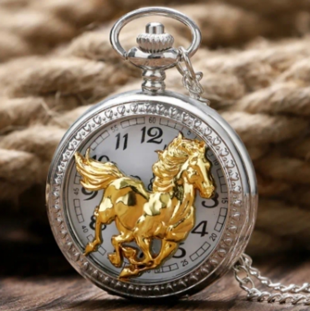 New 2 tone men's horse pocket watch